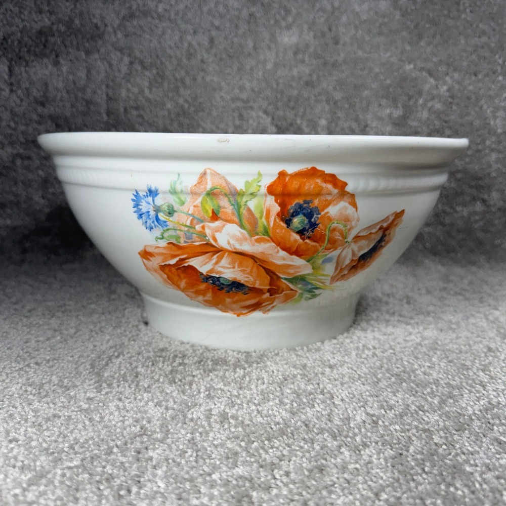 Poppy Floral Mixing Bowl White Orange‎ Vintage Farmhouse